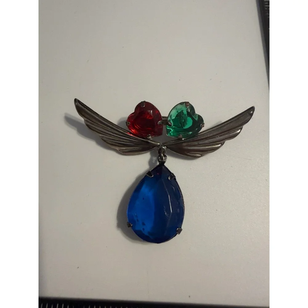 Vintage Winged Heart Brooch Red Green Blue Crystal Teardrop Dangle Pin Silver